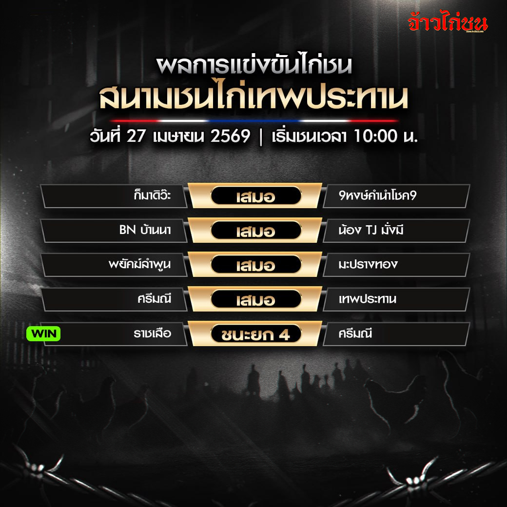 สรุปผลไก่ชน สนามชนไก่เทพประทาน 27 เมษายน 2569