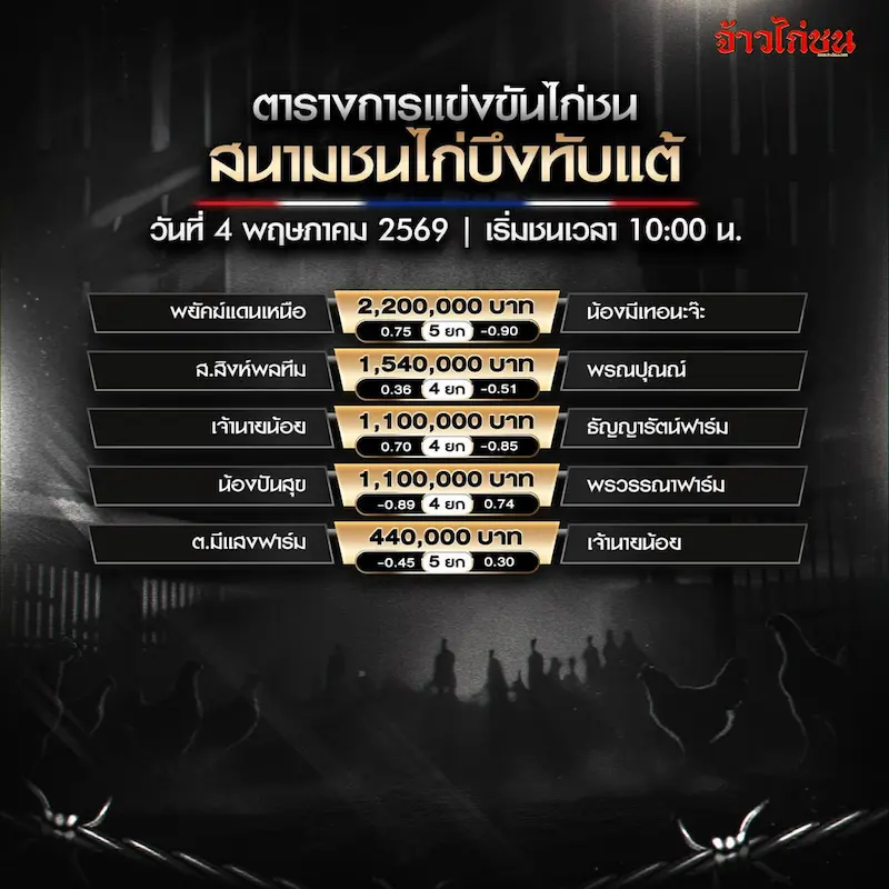 โปรแกรมไก่ชน สนามชนไก่บึงทับแต้ วันที่ 4 พฤษภาคม 2569