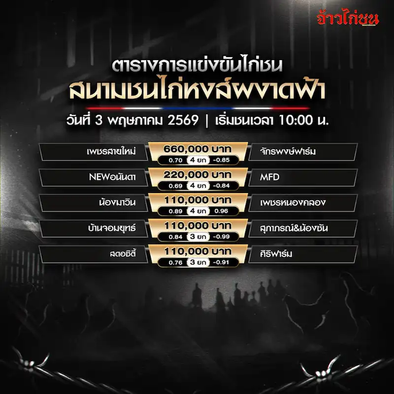 โปรแกรมไก่ชน สนามชนไก่หงส์ผงาดฟ้า 3 พฤษภาคม 2569